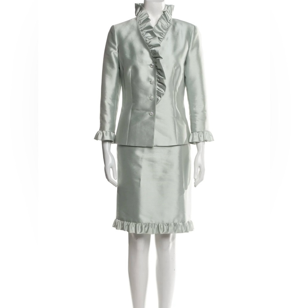 Teri Jon By Rickie Freeman Ruffle Collar Sleeve Silk & Wool 2 Piece Suit Size 10